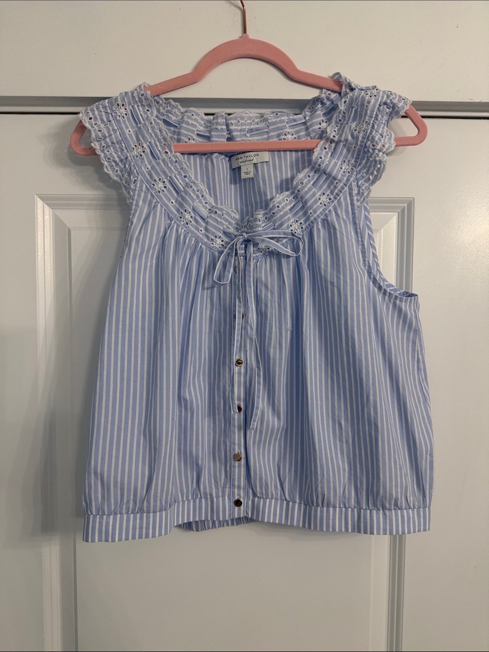 Ann Taylor Blue and White Striped Eyelet Trim Sleeveless Blouse